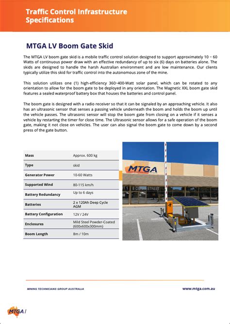 Traffic Control Infrastructure Specifications MTGA LV Boom 